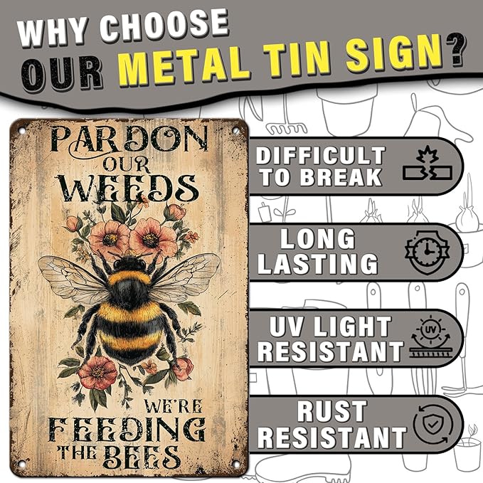 PEACHGARDEN Vintage Garden Decor Patio Outdoor Wall Decor Pardon The Weeds We Are Feeding The Bees Wildflowers Metal Sign Summer Garden Decor Yard Sign Outdoor Decor 8x12inch