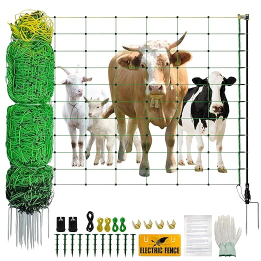Electric Fence Netting, Portable Livestock Fencing for Sheep, Cattle, Net Fencing Kit with 14 Posts Double Spiked, Movable Poultry Netting for Backyards, Homesteaders, Farms Ranches (164 * 35.43)