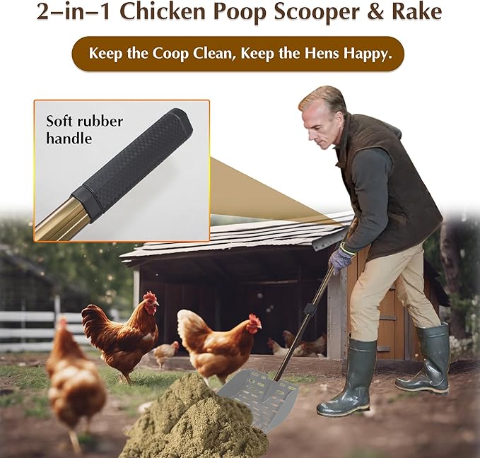 Telescopic Chicken Dog Poop Scooper & Rake 2-in-1 Chicken Litter Scoop for Chicken Coops & Small Farm Animals Sand Sifting Litter Shovel (Gray)