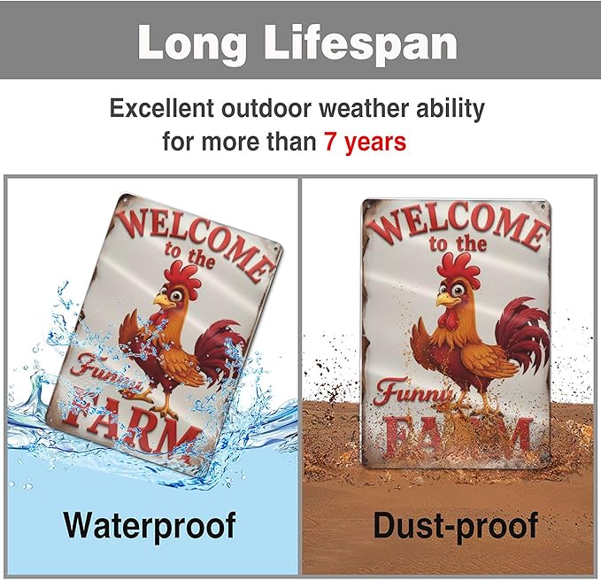 Welcome to The Funny Farm Aluminum Sign Humorous Chicken Coop Sign Rustic Farmhouse Welcome Sign for Backyard Flock 8x12 Inches Outdoor Metal Decor Style-03