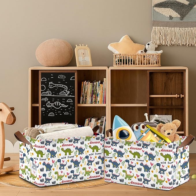 Cute Dinosaur Storage Basket,Fern Plant Collapsible Storage Bin Cubes for Living Room Bedroom Blankets Home Storage 17x11.5x10Inch
