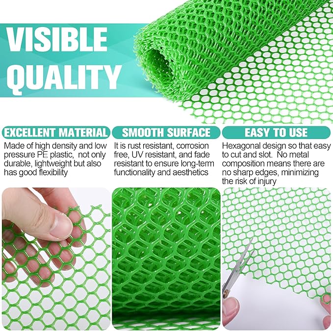 Plastic Mesh Fence Sheet 15.7IN x 10FT - 0.3IN Opening Plastic Chicken Wire Netting Roll Durable for Dogs, Poultry, Puppy, Garden Snake Barrier with 50 Pcs Zip Ties - Green