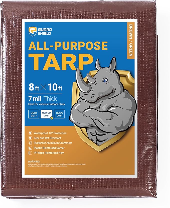 GUARD SHIELD Brown/Green Tarp 8x10 Feet Medium Duty Outdoor Waterproof Multi Purpose Poly Tarps Cover 7mil