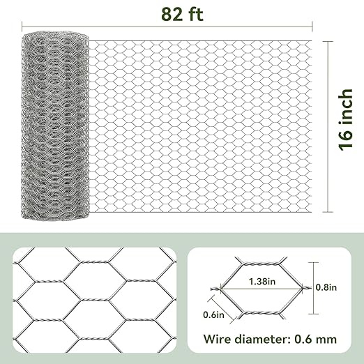 Amagabeli 16in x 82ft Chicken Wire 40cm x 25m Poultry Wire Netting Hexagonal Galvanized Mesh Garden Fence Roll Barrier for Pet Rabbit Chicken Fencing Bird Raised Bed