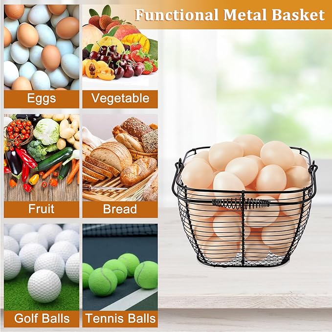 2 PCS 7" Black Square Wire Egg Baskets for Fresh Egg With Handle, Small Metal Collecting Basket for Gathering Fresh Eggs, Chicken and Duck Eggs Hunting Basket Egg Holder Countertop