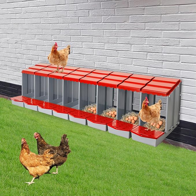 Chicken Nesting Boxes 8 Compartment PP Nesting Box with Inclined Nesting Boxes & Vented Holes Wall Mount Chicken Laying Boxes for Chicken Coop (Red)
