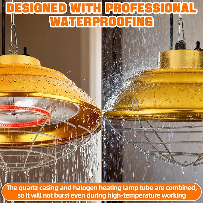 FHTONGE Waterproof Explosionproof Chicken Coop Heater Lamp, 300W/600W Adjustable Hanging Aluminum Livestock Heat Lamp, Halogen Heated Light for Reptile Poultry Brooder Outdoor Rabbit Dog Whelping Box