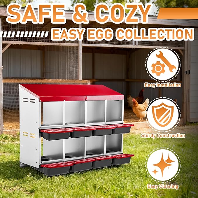 Outvita Chicken Nesting Boxes, 8 Compartments Metal Nesting Boxes for Chickens with Metal Legs, Wall Mount for Laying Eggs with Swing Perch and Roll Away Egg Collection for Chicken Coop, Red