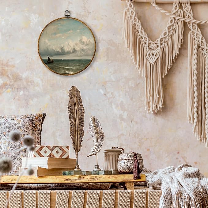 shiviody Vintage Coastal Sailboat Canvas Wall Art Decor, Moody Nautical Ocean Maritime Seascape Beach Round Hanging Frame Prints Decorations for Home Bedroom Living Room Beach House 10"x10"