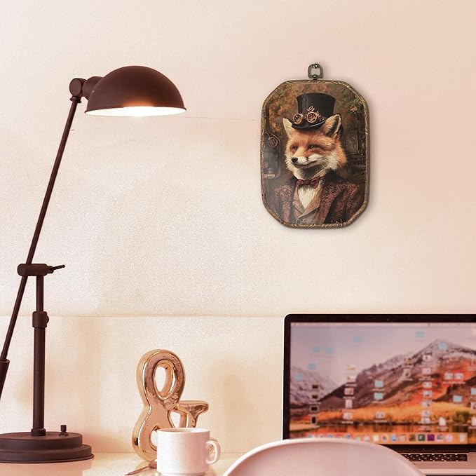 Hxlac Vintage Fox Rectangular Wall Art Framed, Dark Moody Fox Rectangular Wall Decor, Rustic Farm Animal Hanging Canvas Prints Wall Sculptures for Farmhouse Home Living Room Bedroom Decor, 7.1x10.2 Inch