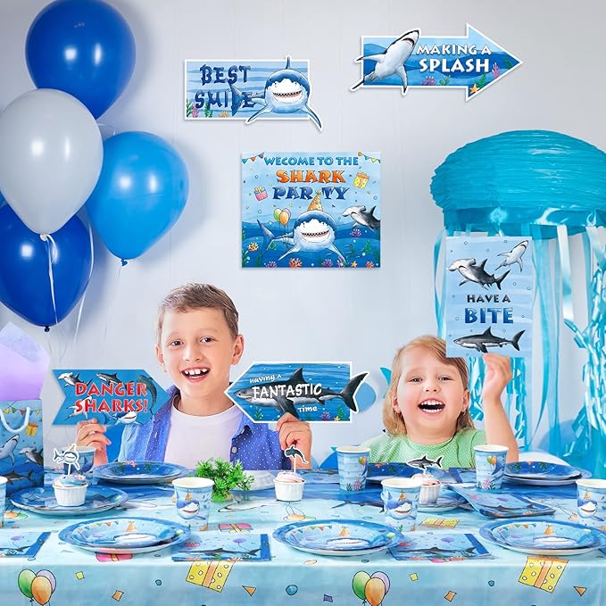 WERNNSAI 10Pcs Shark Birthday Party Decorations - Blue Shark Sign Party Decoration for Under The Sea Party Supplies Ocean Animal Party Sign Poster for Birthday Holiday Party Favors