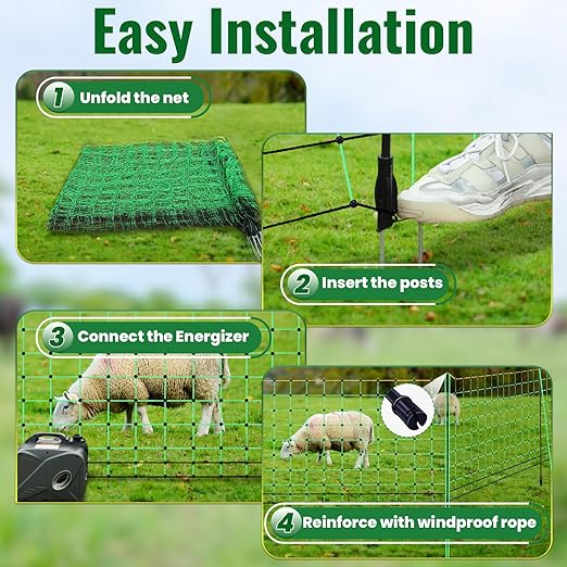 164'L x 49.6" H Electric Fence Netting, Electric Poultry Fence with 16 Posts 2 Spikes for Goats, Hogs and Cattle, Anti-Predator Electric Fencing, Movable Livestock Electrical Net in Farms and Ranches