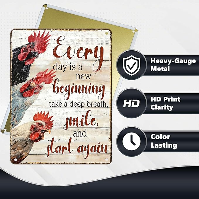 Chicken Metal Sign Chicken Coop Metal Decor Every Day Is A New Beginning Tin Signs Vintage Farmhouse Poster Rustic Wall Decor For Home Farm Poultry House Office Cafe Kitchen Bar 16 * 12 In