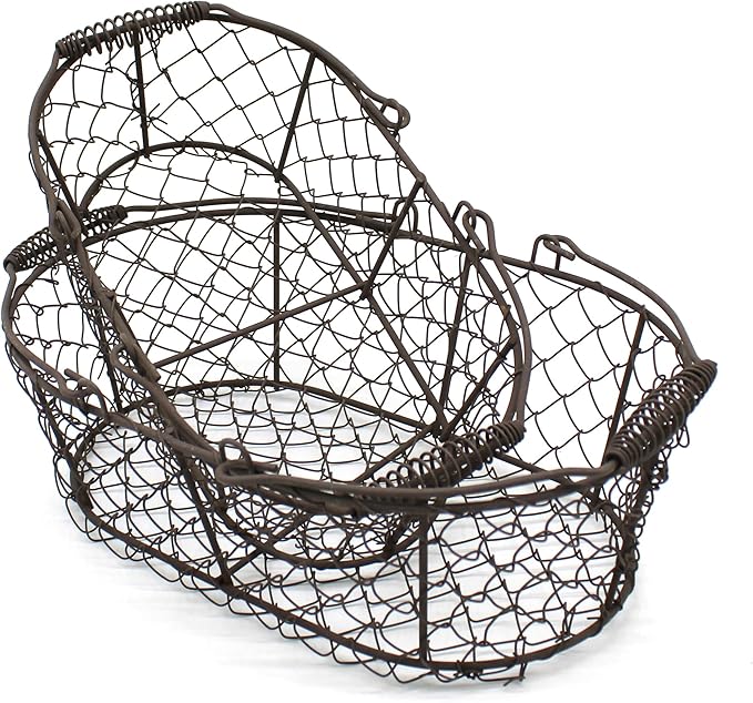 CVHOMEDECO. Oval Metal Wire Egg Basket Wire Fruit Basket with Handle Primitives Vintage Style Storage Basket. Rusty, Set of 2
