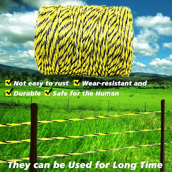 Electric Fence Poly Wire 660 Feet 200 Meters 1/8" Dia Portable Electric Fencing Polywires and 100 Pcs Black Electric Fence Insulator (Grid System Accessories for Animal Husbandry Electronic)