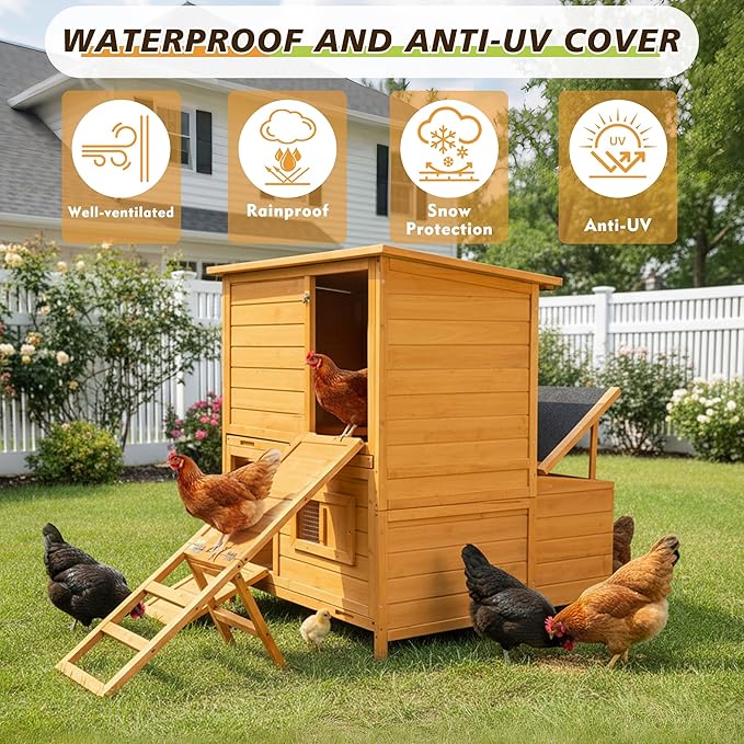 Chicken Coop, 2-Story Large Wooden Hen House for 6-8 Chickens with 3-Nesting Boxes & 2-Easy Clean Pull-Out Tray, 2-Secure Vents, Foldable Ramp & Waterproof Flip-Up Roof, Orange