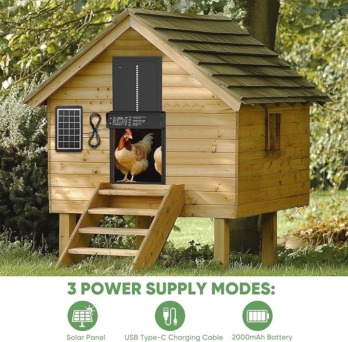 Automatic Chicken Coop Door Solar Powered with Timer & Light Sensor 4 Modes Aluminum Waterproof Chicken Door, Remote Control, LCD Display, Dual Protection of Anti-Pinch Design and Abnormal Alarm