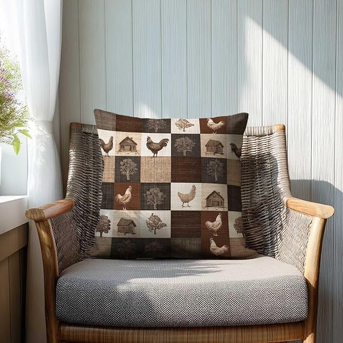 Farmhouse Chicken Patchwork Print Throw Pillow Covers 18x18 Inch, Set of 2 | Rustic Country Square Cushion Cases for Couch Sofa Bedroom | Neutral Brown Home Decor, Decorative Pillowcases