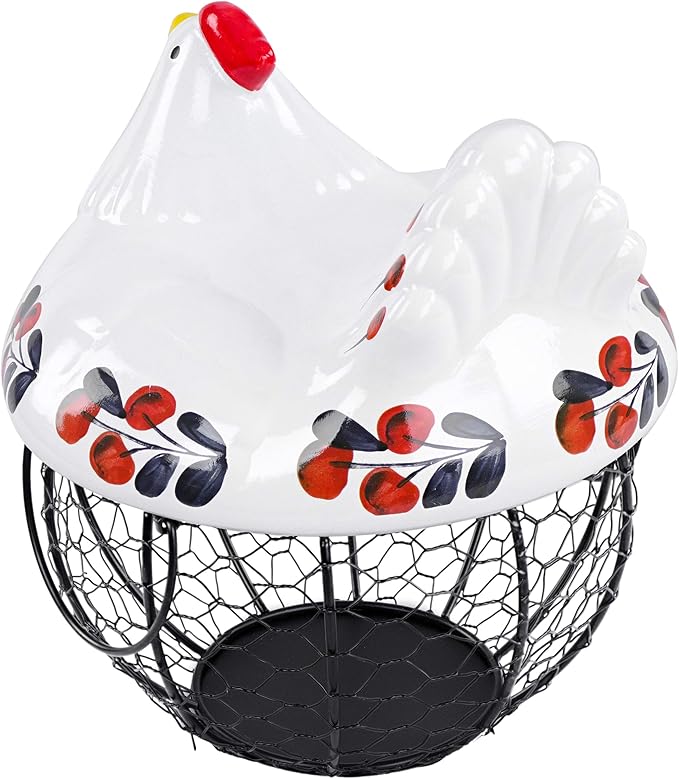 Rural365 Chicken Egg Basket in Navy and Red Design Ceramic Chicken Shaped Lid with Round Wire Basket Base and Handles
