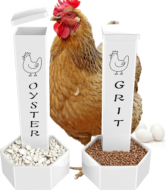 Chicken Grit and Oyster Shell Feeder, 2 Pack Hanging Wall Mount Chicken Feeder Combo, Waterproof ABS Automatic Gravity Poultry Feeder with Lid Rounded Edges, Coop Accessories for Healthier Hens & Eggs