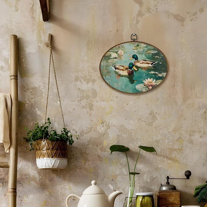 LKETW Vintage Mallard Duck Oval Wall Art Decor, Rustic Farmhouse Duck Oval Canvas Hanging Decor, Country Lakeside Floral Farm Animal Wall Decorations for Home Bedroom Living Room, 8.6x11.4 Inch