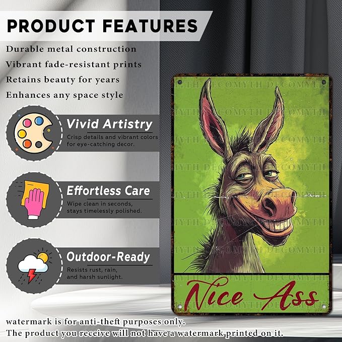 Vintage Donkey Tin Sign Nice Ass Retro Wall Decor Decorations for Home Funny Donkeys Lovers Poster Indoor Store Cafe Toilet Bathroom Restroom Bar Pubs Farmhouse Farm Room 12 * 8inch