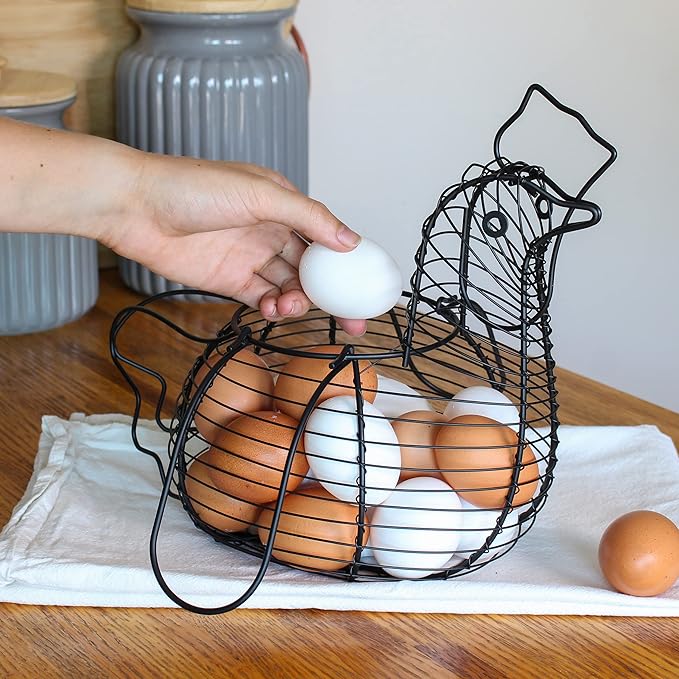 Rural365 Chicken Egg Basket - Chicken Shaped Decorative Black Metal Wire Basket Farm Style Kitchen Egg Collecting Basket