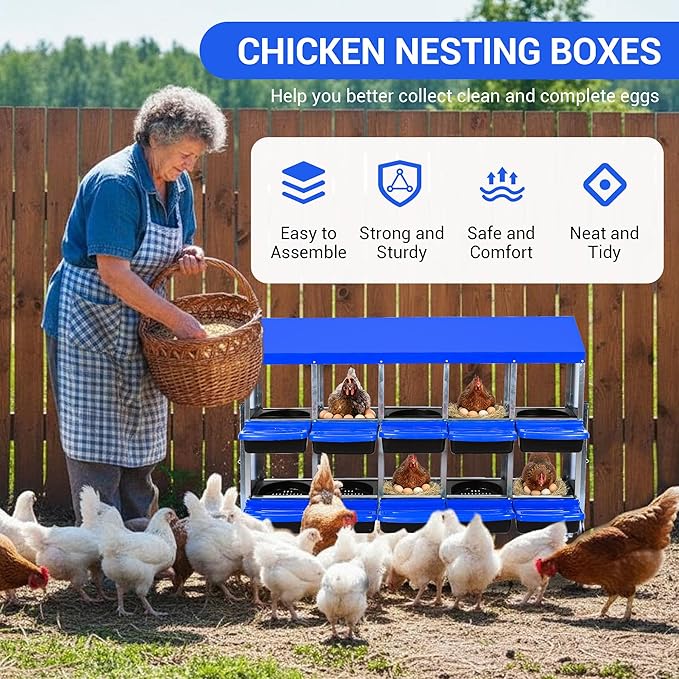 Chicken Nesting Box 10-Hole Roll Away Egg Laying Box with Lid & Stand, Galvanized Steel Rustproof Poultry Coop Box, Easy Clean, Wall Mountable No Bracket Needed for Hens, Blue