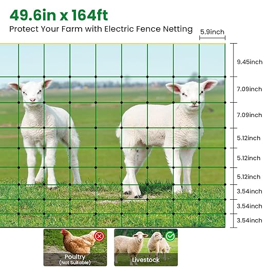 Electric Fence Netting, 49.6" H x 164'L Portable Livestock Nets, Electric Fence Kit with 14 Posts Double Spiked, PE Net Fencing for Cattle, Sheep, Goat, Hogs, Used in Backyards, Farms and Ranches