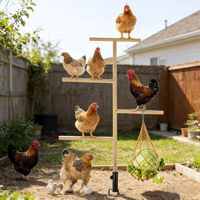 Extra Large 48.5" Chicken Perch Toy for Coop with Feeding Net & Metal Tripod, Roosting Bar for Chicken Coop Toys, Poultry Playground Stand for Birds Lovebirds Cockatiels and Multiple Poultry
