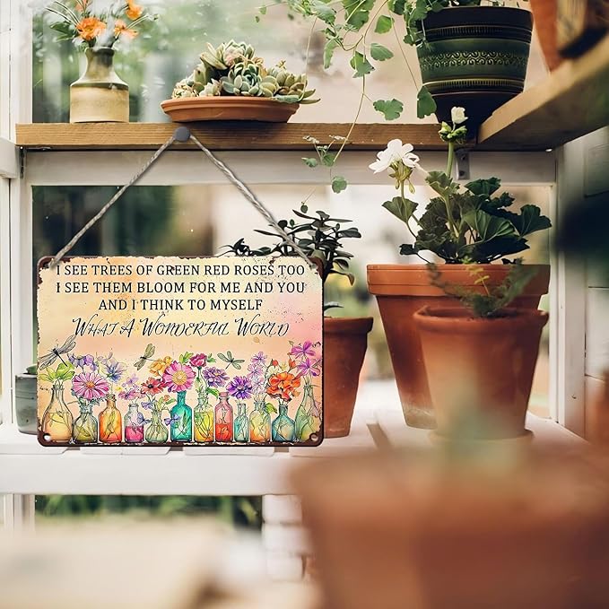 PEACHGARDEN Vintage Dragonfly Tin Sign What A Wonderful World Outdoor Garden Decor Gifts for Women House Kitchen Entryway Wall Art 8x12inch