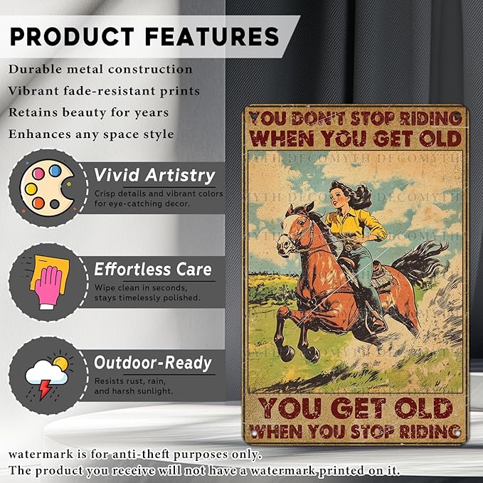 Vintage Cowgirl Tin Sign You Don't Stop Riding When You Get Old Retro Metal Poster Funny Pet Lovers Wall Art Cafe Wall Decor for Kitchen Office Home Bar Plub Club Shop 12 * 8inch