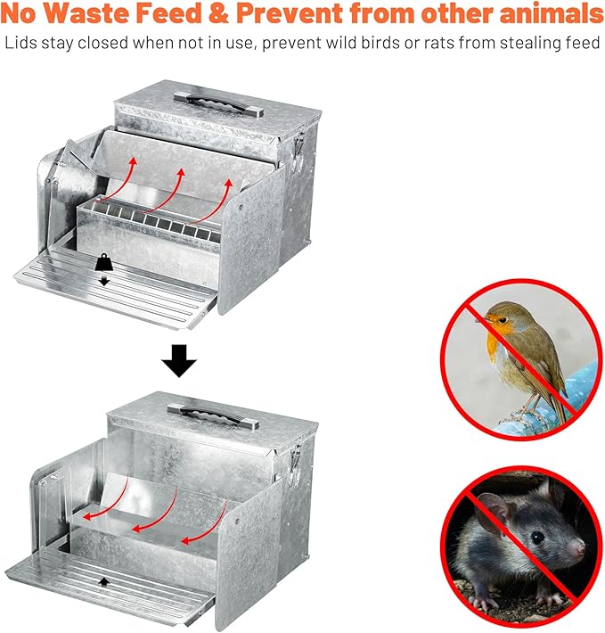 Yescom 26lbs Automatic Treadle Chicken Feeder Portable with Lock Rat Proof Weatherproof Galvanized Steel Trough Poultry Farm Tank 12L for 6-12 Chicken 10 Days
