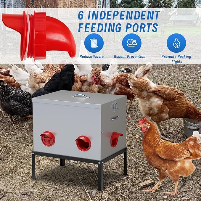 50LB Large Automatic Chicken Feeder,6 Port Large Metal Chicken Feeders,with Raise The Base Frame,Waterproof Galvanized Steel Poultry Feeder with Locking Lid for Chicken Coop