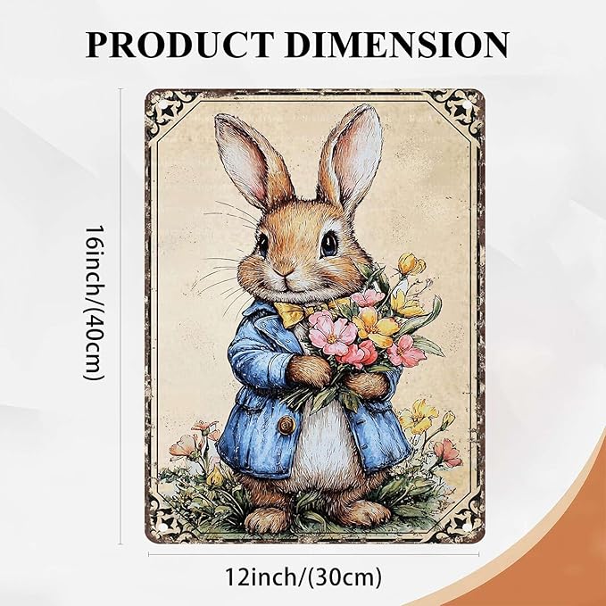 Easter Bunny Tin Sign Retro Sign Rabbit Vintage Retro Sign Home Decor Metal Sign for Home Garden Living Room Easter Wall Decorations 12X16Inch