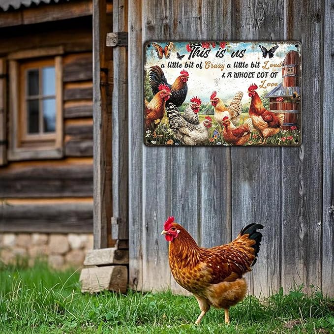 Vintage This Is Us A Little Bit Of Crazy A Little Bit Loud Chicken Metal Sign Chicken Coop Poster Wall Decor Home Garden Outdoor Farmhouse Plaque 12x16 Inch