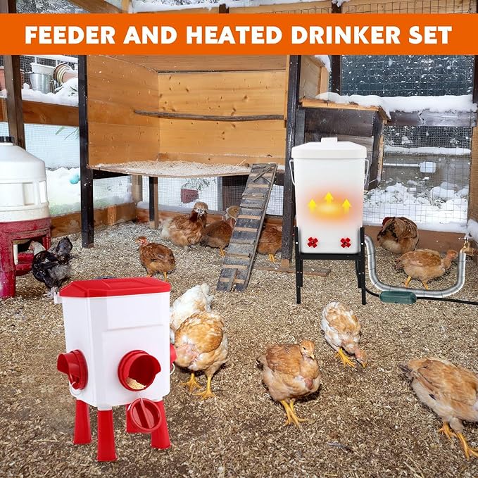 4 Pcs 3 Gallon 2 in 1 Heated Chicken Waterer with Heated Stainless Steel Table 26 Pounds Automatic Chicken Feeder Waterproof Outlet Box Pipe Insulation Tape Wrap for Winter Chick Coop