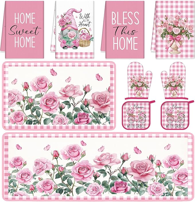 10 Pcs Pink Rose Kitchen Decor Set Towels and Rugs Oven Mitts and Pot Holders Farmhouse Spring Kitchen Decor Set for Women Mom Gift Cooking Baking Grilling
