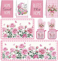 10 Pcs Pink Rose Kitchen Decor Set Towels and Rugs Oven Mitts and Pot Holders Farmhouse Spring Kitchen Decor Set for Women Mom Gift Cooking Baking Grilling