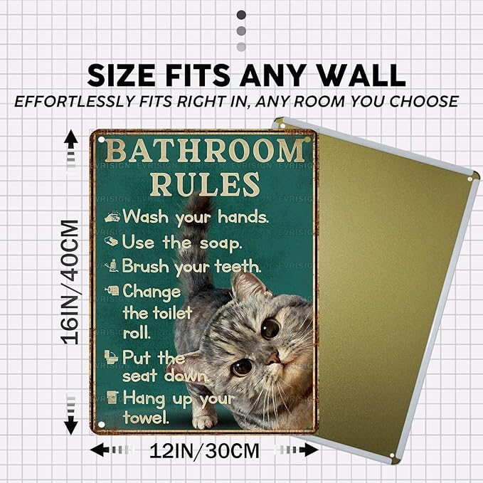Vintage Cat Tin Sign Bathroom Rules Retro Tabby Metal Sign Funny Cat Lovers Nostalgic Wall Decor Decorations for Home Cafe Shop Toilet Bar Living Room Bedroom 16 * 12In
