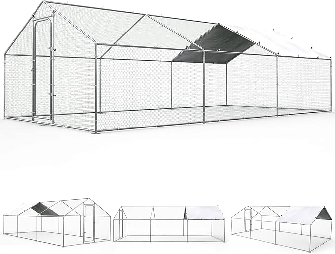 ORANLAND Large Metal Chicken Coop, Spire Chicken Runs for Yard with Cover, Walk in Chicken Coop with Security Lock and Waterproof Cover for Outdoor Farm Use