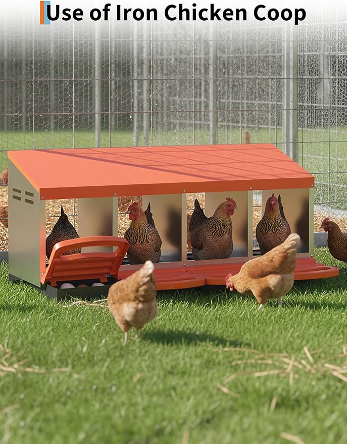 Chicken Nesting Box 4 Hole, Galvanized Steel Nest with Roll Away Egg Collection & Swing Perch, Easy-Clean Laying Box for Hens, Heavy Duty Design for Chicken Coop