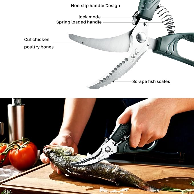 Acelone Poultry Shears - Heavy Duty Kitchen Chicken Shears With Anti-Slip Handle & Safety Lock - Poultry Scissors for Meat, Game, Chicken, Bone, Poultry & More - Spring Loaded.