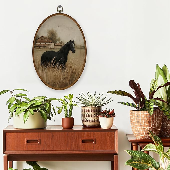WULQYING Vintage Black Horse Wall Art Decor, Retro Rustic Cottagecore Animal Oval Framed Canvas Art Prints, Country Farmhouse Horse Wall Hanging Decor for Home Bedroom Living Room, 8.6x11.4 Inches