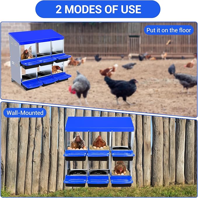 Chicken Nesting Box 6-Hole Roll Away Egg Laying Box with Lid, Galvanized Steel Rustproof Poultry Coop Box, Wall Mountable No Bracket Needed for Hens, Blue