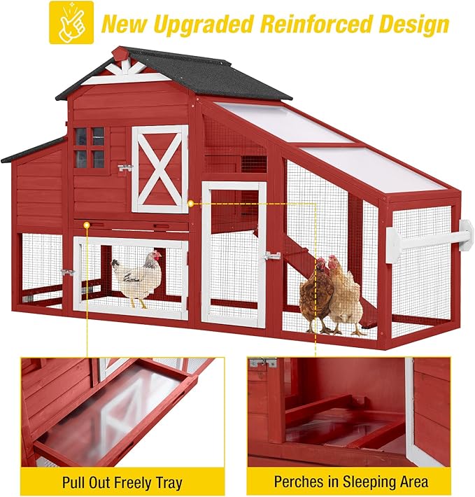 Aivituvin Chicken Coop Mobile Chicken House on Wheels, Rabbit Hutch Bunny Cage Expandable Wooden Poultry Cage with Large Nesting Box Leakproof Pull-Out Tray,UV-Resistant Roof (Red, AIR32)