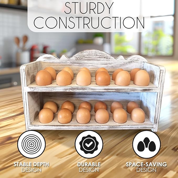 White Premium Pine Wooden Egg Holder 2-Tier Durable 24-Egg Storage Solution Ideal for Modern and Rustic Kitchen Fresh Eggs
