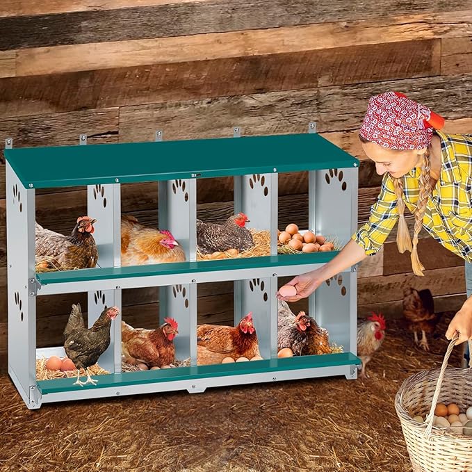 Chicken Nesting Box, 8 Compartment Metal Nesting Box, Wall Mountable Nesting Boxes for Chicken, 42.5" L x 13.0" W x 25.0" H, Green