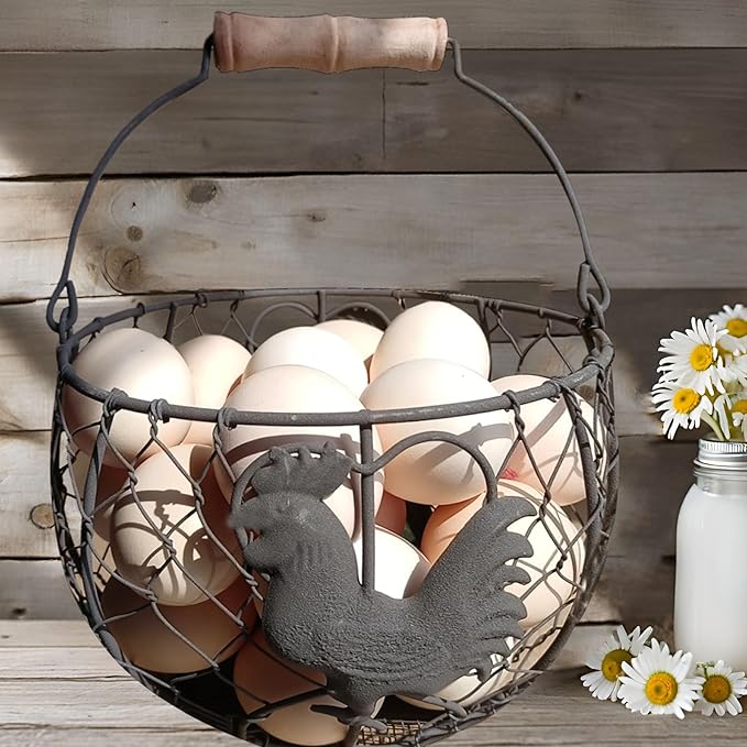 LINCOUNTRY. Wire Chicken Egg Basket for Gathering Fresh Eggs,Round Metal Egg Collecting Basket with Handle for Farmhouse Countertop Storage, Rustic Rooster Kitchen Décor Gift