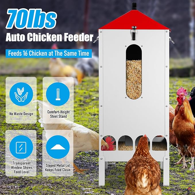 70-80lbs Large Automatic Chicken Feeder with16 Feeding Ports Gravity Poultry Feeder with Viewing Window, No Waste Chicken Feeder for Duck Geese Turkey